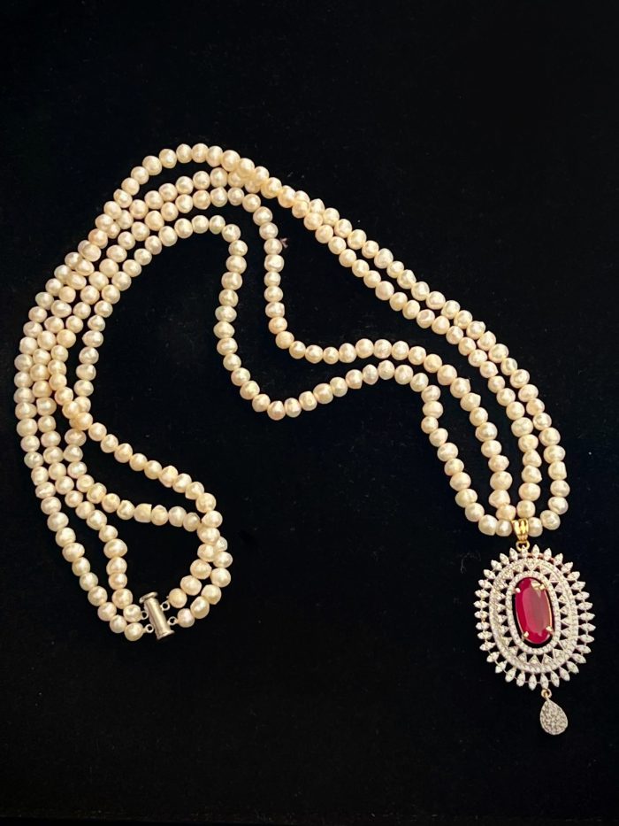 2 string real pearl with ruby and diamond pendant with matching earrings - Image 2