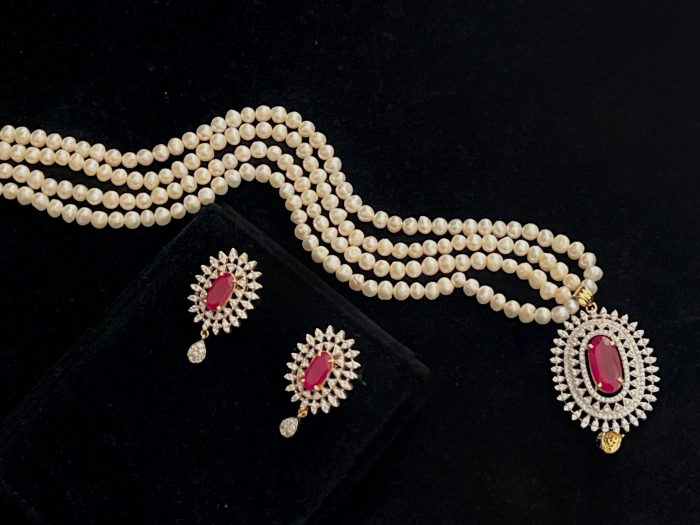 2 string real pearl with ruby and diamond pendant with matching earrings - Image 3