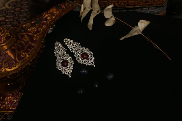 Pure silver with diamond and Ruby earrings. Changeable stone with 2 colors blue and green - Image 2