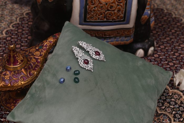 Pure silver with diamond and Ruby earrings. Changeable stone with 2 colors blue and green