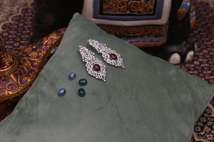 Pure silver with diamond and Ruby earrings. Changeable stone with 2 colors blue and green - Image 4