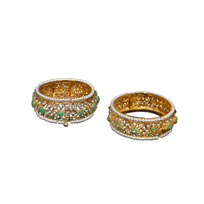 Gold bangle with kundan. Openable. Green, multicolor and red. - Image 4