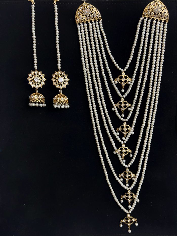 Hyderabadi 7 layer of pearls set with jhumka and real pearls- white Kundan stone - Image 7