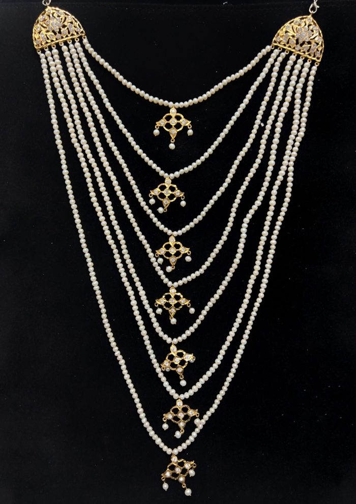 Hyderabadi 7 layer of pearls set with jhumka and real pearls- white Kundan stone - Image 8