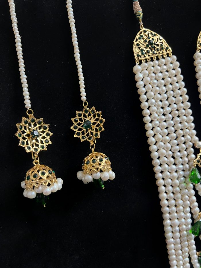 7 layer pearl set with green stones and real pearl comes with jhumka - Image 2