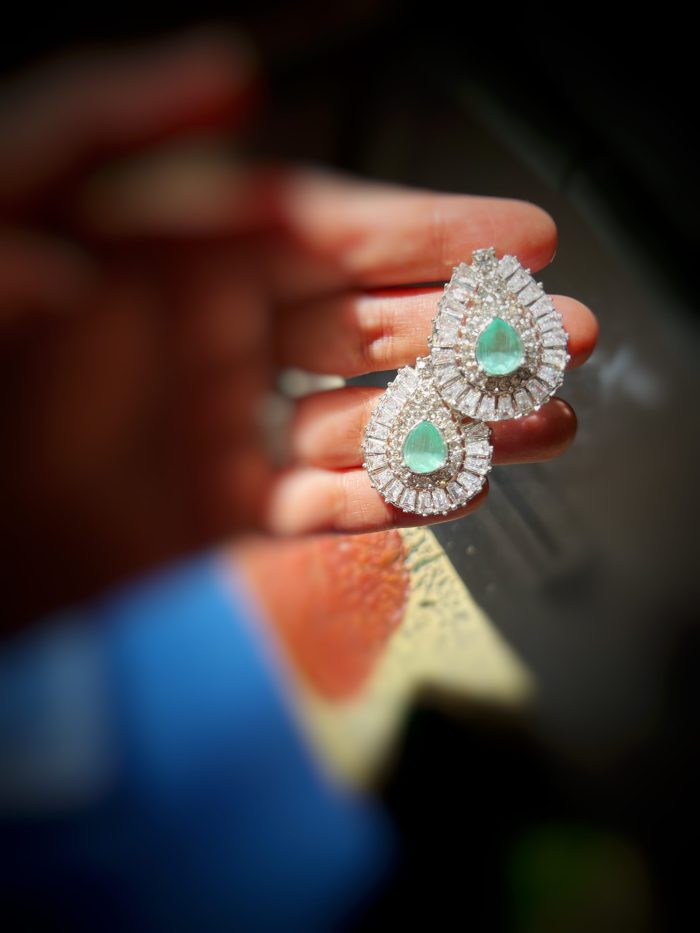 Pure silver earring with diamond and feroza