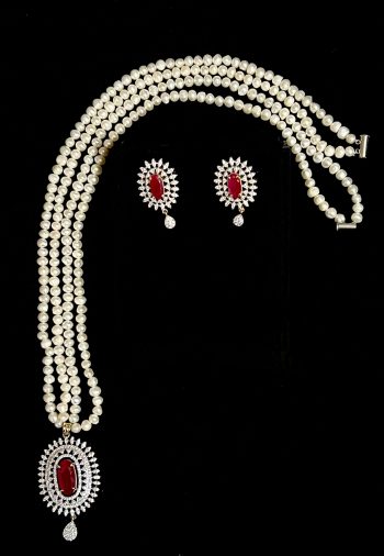 2 string real pearl with ruby and diamond pendant with matching earrings