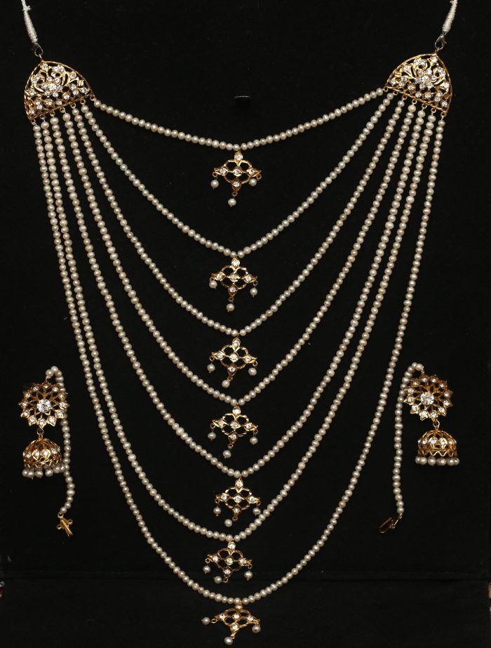 Hyderabadi 7 layer of pearls set with jhumka and real pearls- white Kundan stone