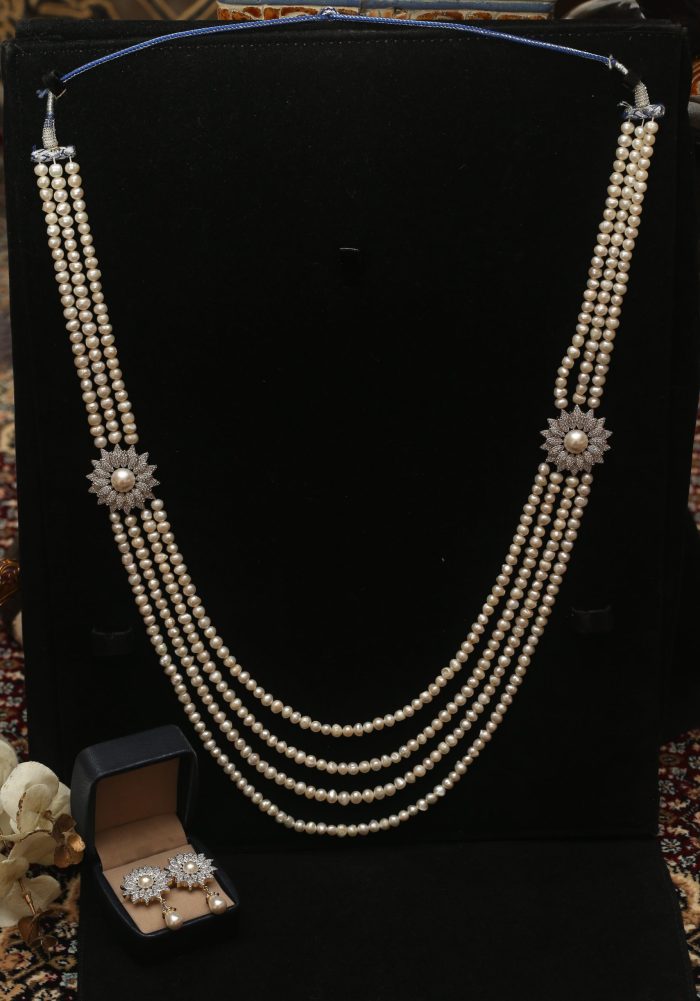 Pearl necklace with artificial diamond and pearl pendant with matching earring – white